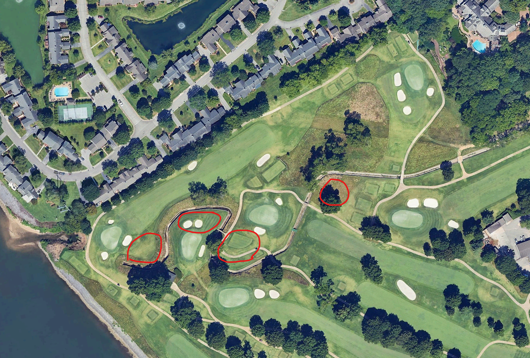 Overhead view of the southern quarter of Chattanooga Golf and Country Club