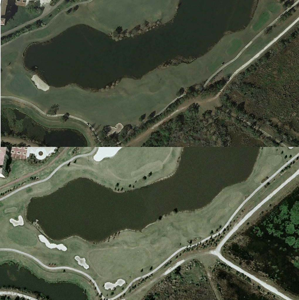 The third hole at Shingle Creek Golf Club before and after the 2016 redesign