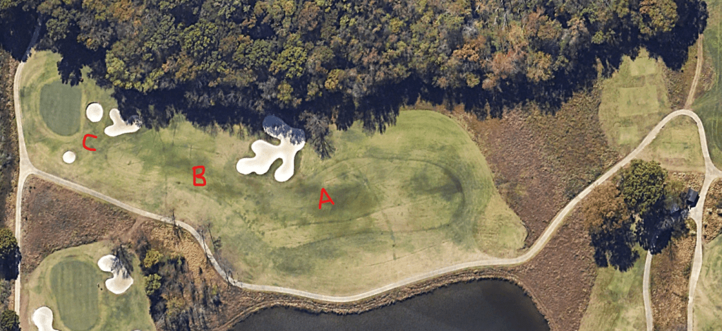 An overhead view of the seventeenth hole at Hermitage's President's Reserve