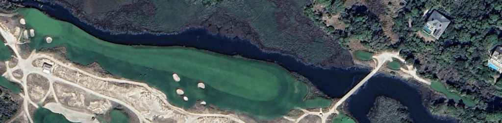 An overhead view of the thirteenth hole at The Ocean Course at Kiawah Island