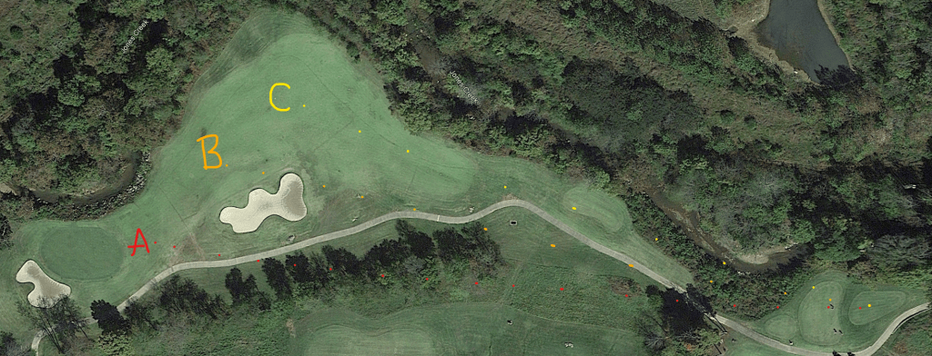 An overhead view of the thirteenth hole at GreyStone Golf Club