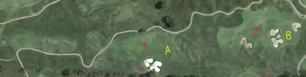 An overhead view of the ninth hole at GreyStone Golf Club