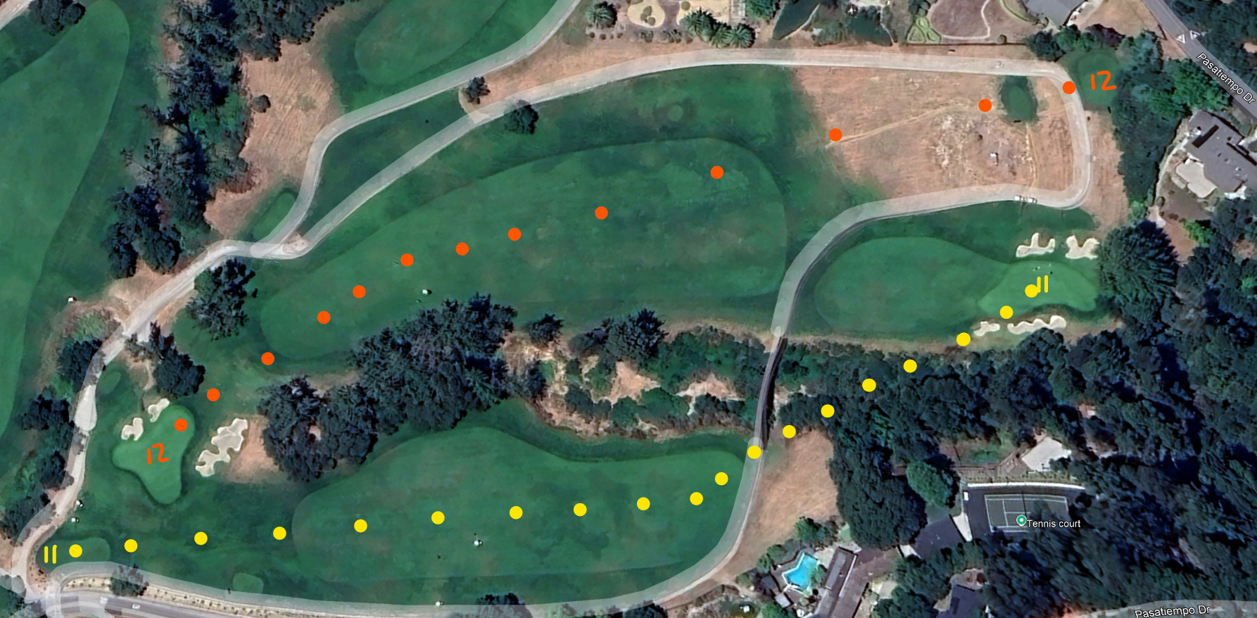 An overhead view of the eleventh and twelfth holes at Pasatiempo Golf Club